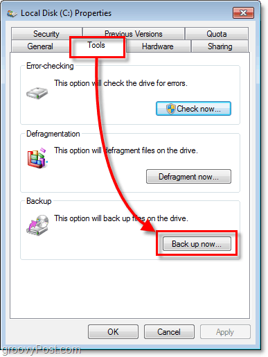 Windows 7 Backup - καρτέλα Εργαλεία για τις ιδιότητες και το κουμπί Δημιουργία αντιγράφων ασφαλείας τώρα