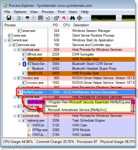 msmpeng.exe σε εξερευνητές διαδικασίας των Windows 7