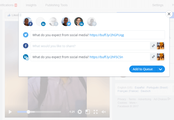Εργαλεία όπως το Buffer μπορούν να σας βοηθήσουν να μοιραστείτε το Facebook Live βίντεο σε πολλές πλατφόρμες κοινωνικών μέσων.