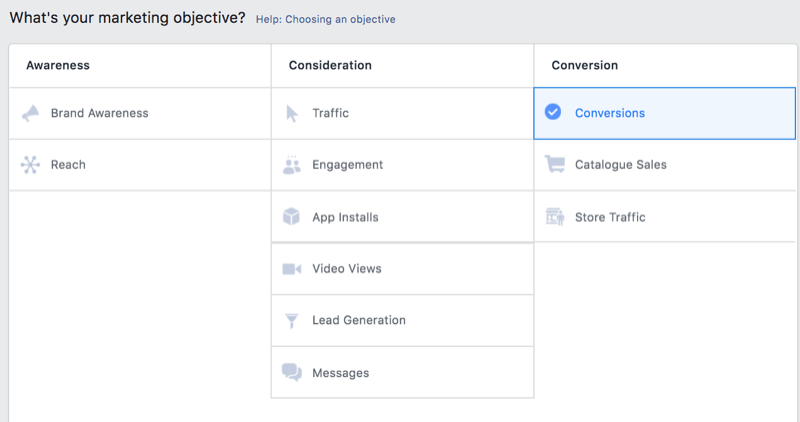 επιλογή στο facebook ads manager για να επιλέξετε μετατροπές ως στόχο μάρκετινγκ