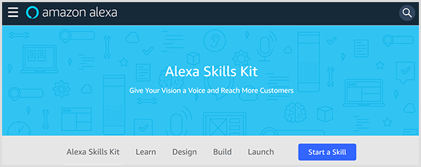 Η ιστοσελίδα του Amazon Alexa Skills Kit παρουσιάζει το εργαλείο και περιλαμβάνει καρτέλες όπου μπορείτε να μάθετε, να σχεδιάσετε, να δημιουργήσετε και να ξεκινήσετε μια δεξιότητα για την Alexa. 