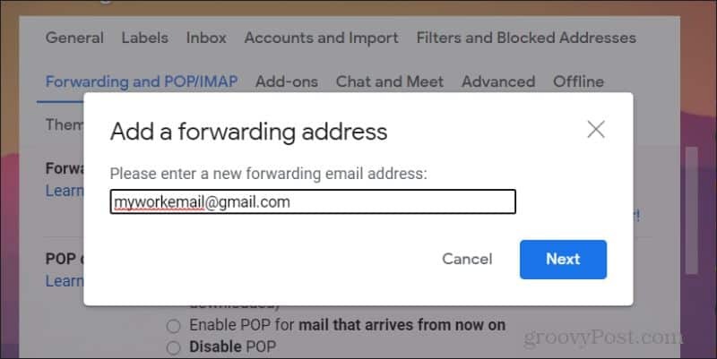 στιγμιότυπο οθόνης προσθήκης email προώθησης