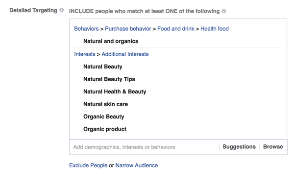 Παράδειγμα λεπτομερειών στόχευσης διαφήμισης στο facebook