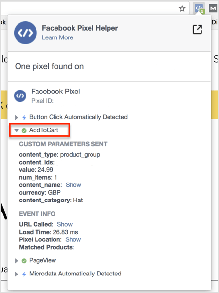 Αποτελέσματα προσθήκης Facebook Pixel Helper στη σελίδα Προσθήκη στο καλάθι