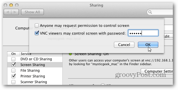 vnc κωδικός πρόσβασης Mac
