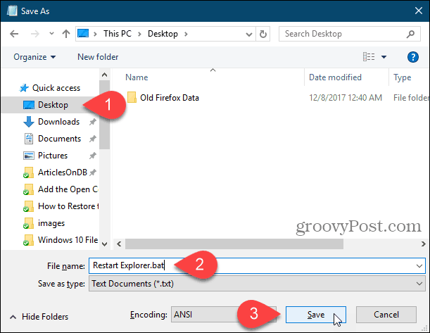 Αποθηκεύστε ένα αρχείο δέσμης στην επιφάνεια εργασίας του Notepad στα Windows 10