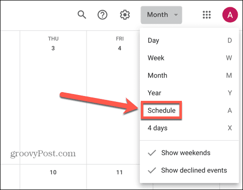 ημερολόγιο google επιλέξτε προβολή χρονοδιαγράμματος