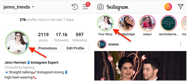 Ένδειξη πράσινου κύκλου για την εικόνα προφίλ Instagram όταν έχετε μοιραστεί μια ιστορία στη λίστα "Κλείσιμο φίλων".