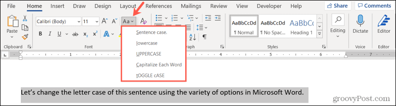 Αλλαγή πεζών γραμμάτων στο Word στα Windows
