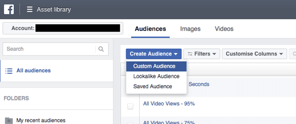 Στο Facebook Ads Manager, κάντε κλικ στην επιλογή Δημιουργία κοινού και επιλέξτε Προσαρμοσμένο κοινό από την αναπτυσσόμενη λίστα.