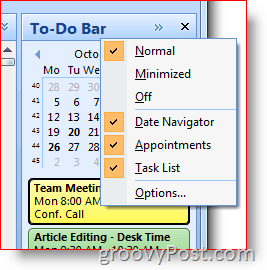 Outlook 2007 To-Do Bar - Κάντε δεξί κλικ για να επιλέξετε επιλογές