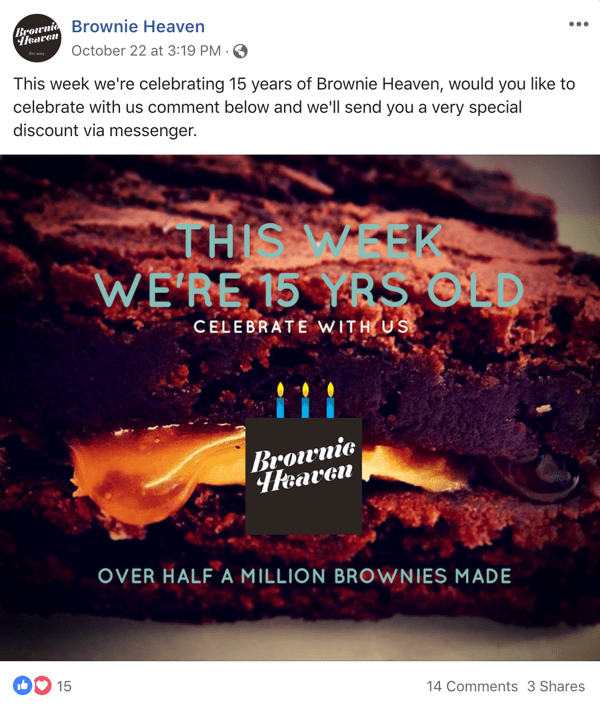 Παράδειγμα ανάρτησης στο Facebook με προσφορά από τον Brownie Heaven.