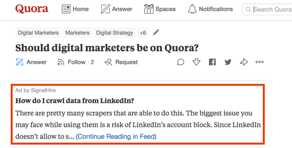 Παράδειγμα μάρκετινγκ στο Quora με πληρωμένη διαφήμιση.