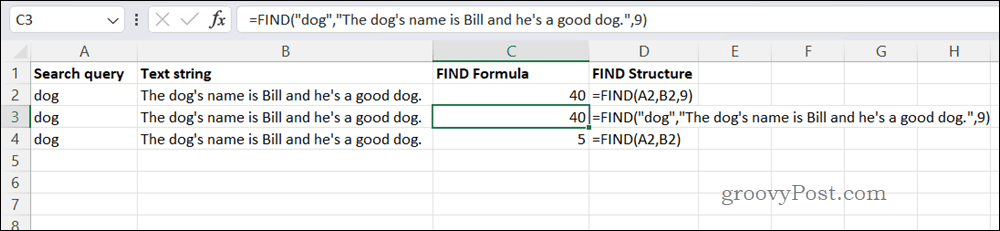 Παράδειγμα τύπου FIND στο Excel