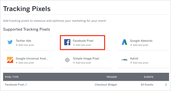 Στο Eventbrite, κάντε κλικ στο Facebook Pixel και εισαγάγετε το αναγνωριστικό pixel και άλλες λεπτομέρειες.