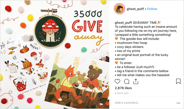 Ο καλλιτέχνης Ghost_puff χρησιμοποιεί ένα φιλικό, σχετικό στυλ δημοσίευσης που προσκαλεί συνομιλία στην κοινότητα στο Instagram.