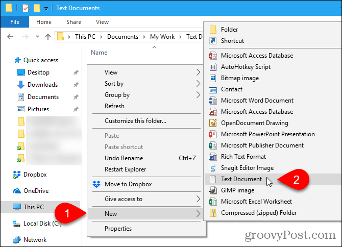 Μεταβείτε στο Νέο> Έγγραφο κειμένου στην Εξερεύνηση αρχείων των Windows