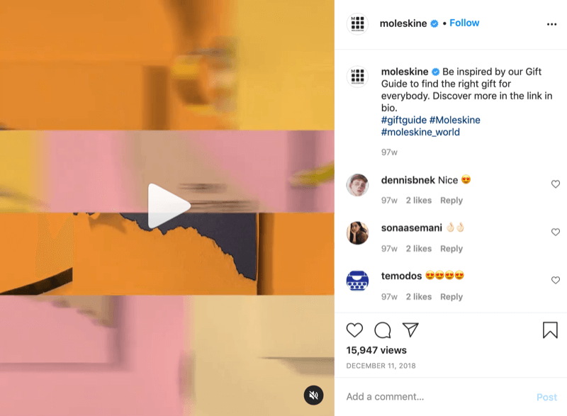 παράδειγμα μιας ανάρτησης βίντεο για ιδέες δώρων από το @moleskine με μια παρότρυνση για δράση που κατευθύνει τους θεατές στον σύνδεσμο στο βιογραφικό για περισσότερα