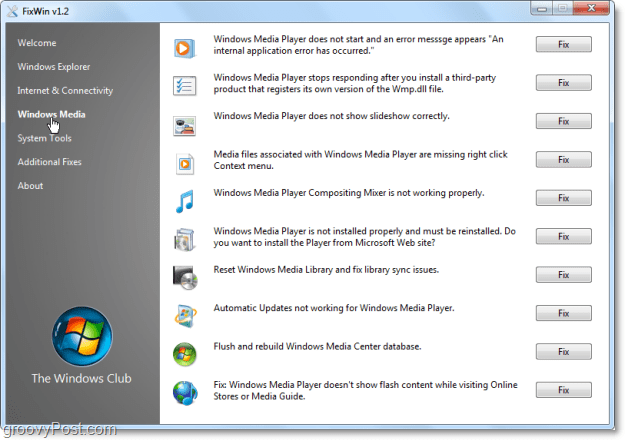 Το FixWin των Windows Meda διορθώνει το στιγμιότυπο οθόνης