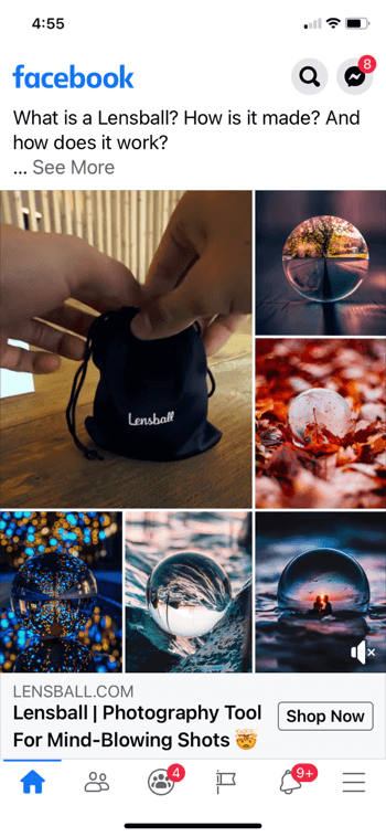 παράδειγμα κολάζ διαφήμισης στο facebook για το lensball, που δείχνει το προϊόν σε μια μικρή μαύρη τσάντα κορδόνι περίσφιξης μαζί με 5 παραδείγματα λήψεων του προϊόντος που χρησιμοποιείται σε εικόνες
