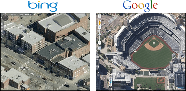 Google Maps Overhead 45 βαθμοί Προβολή Vs. Bing Birds Eye