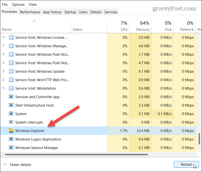 επανεκκίνηση του Windows Explorer Task Manager