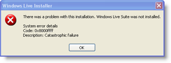 Ο καθορισμός καταστροφικής αποτυχίας του προγράμματος εγκατάστασης του Windows Live