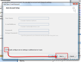 Δημιουργήστε το νέο λογαριασμό αλληλογραφίας στο Outlook 2007 με μη αυτόματο τρόπο
