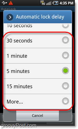 επιλέξτε το χρόνο κλειδώματος προτύπου του Android