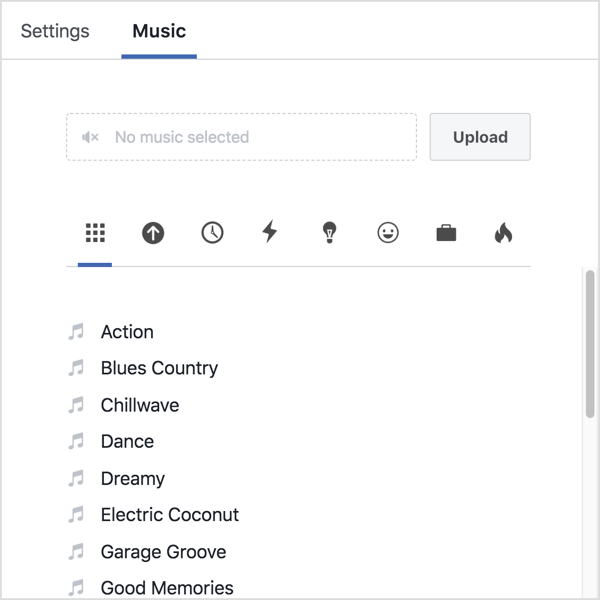 Κάντε κλικ στην καρτέλα Μουσική και ανεβάστε το δικό σας ήχο ή επιλέξτε ένα κομμάτι από τη βιβλιοθήκη του Facebook.