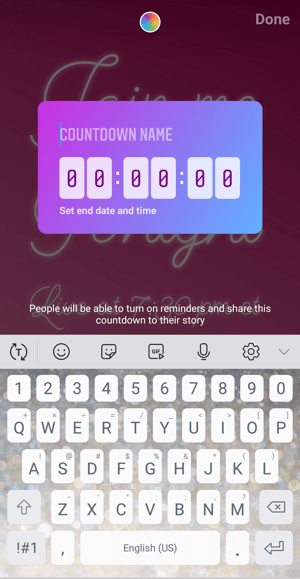 Πώς να χρησιμοποιήσετε το αυτοκόλλητο Instagram Countdown για επιχειρήσεις, όνομα αντίστροφης μέτρησης βήματος 2.