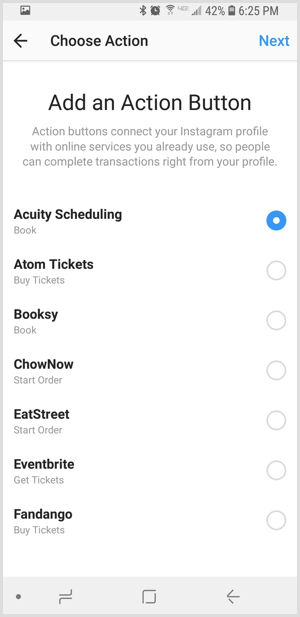 επιλέξτε εφαρμογή τρίτου μέρους στο Instagram Προσθήκη οθόνης κουμπιού δράσης