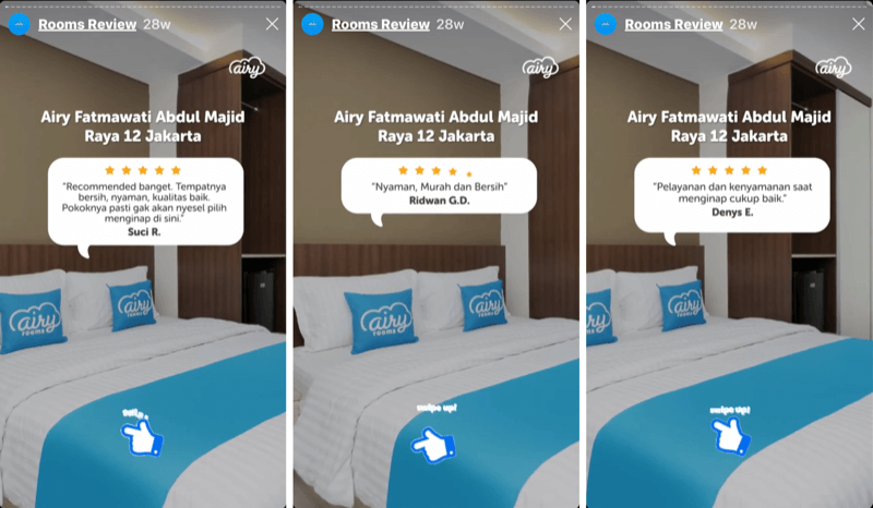 3 τμήματα ιστοριών Instagram με μαρτυρίες πελατών για το AiryIndonesia