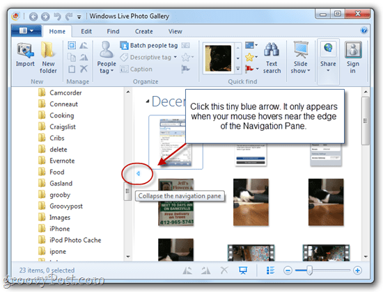 Εμφάνιση / απόκρυψη παραθύρου πλοήγησης στη Συλλογή φωτογραφιών του Windows Live 