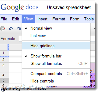 Απόκρυψη γραμμών πλέγματος στο μενού του Google Docs