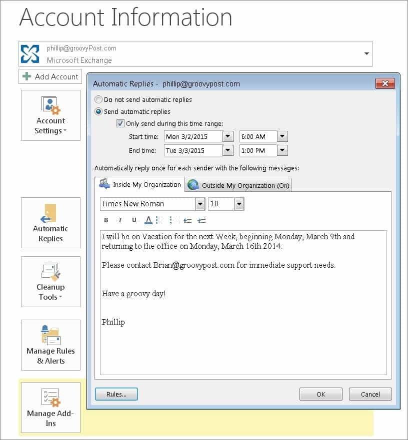 Ενεργοποιήστε τις αυτόματες απαντήσεις με τον Βοηθό του Office στο Outlook 2010 και το 2013