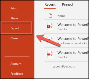 Το εικονίδιο της καρτέλας Εξαγωγή στο PowerPoint