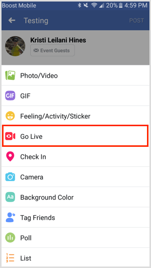 Go Live επιλογή για εκδήλωση στο Facebook μέσω της εφαρμογής Facebook για κινητά