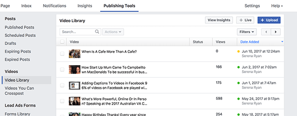 Η βιβλιοθήκη βίντεο στο Facebook περιέχει όλα τα δημοσιευμένα και μη δημοσιευμένα βίντεό σας. Τα βίντεο με κίτρινη κουκκίδα δεν δημοσιεύονται και δημοσιεύονται βίντεο με πράσινη κουκκίδα.