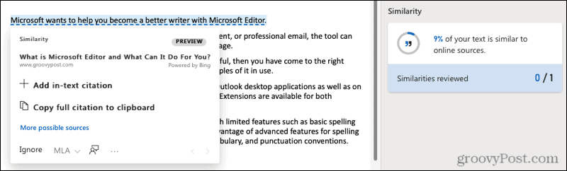 Ομοιότητα ιστού του Microsoft Editor