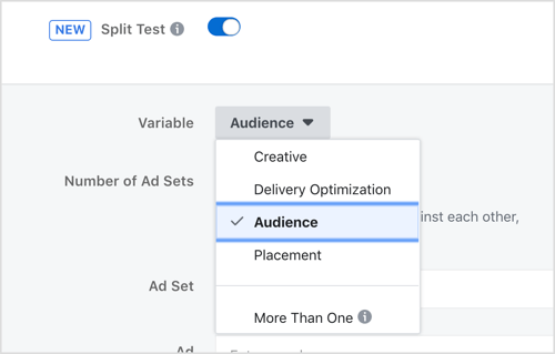 Επιλέξτε μια μεταβλητή για δοκιμή με τη δυνατότητα δοκιμής split Facebook.