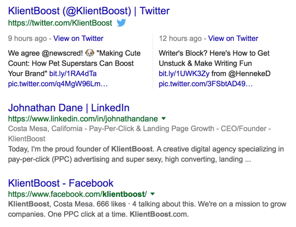 παράδειγμα κάλυψης klientboost στη σελίδα αποτελεσμάτων μηχανών αναζήτησης serp