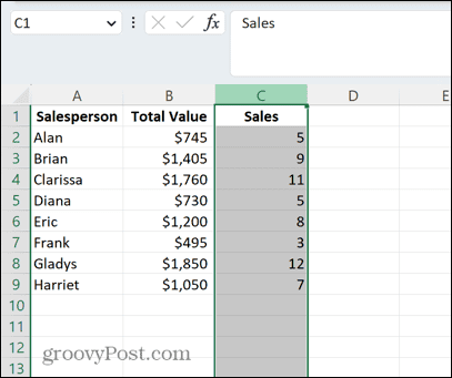 επιλεγμένη στήλη excel