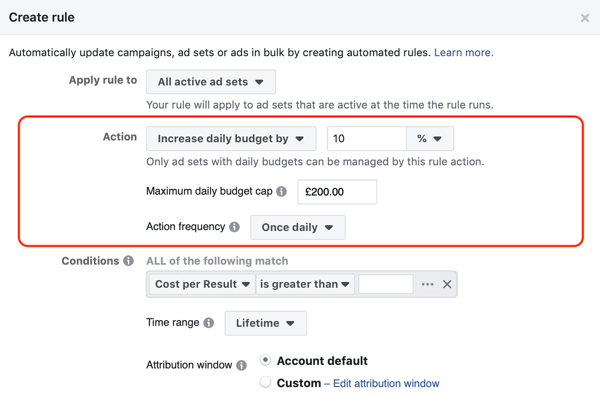 Χρησιμοποιήστε αυτοματοποιημένους κανόνες Facebook, αυξήστε τον προϋπολογισμό όταν η απόδοση διαφημιστικής επένδυσης είναι μεγαλύτερη από 2, βήμα 2, ρυθμίσεις ενέργειας