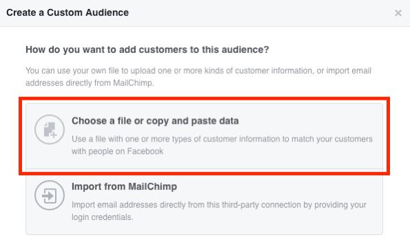 Επιλέξτε Επιλογή αρχείου ή Αντιγραφή και Επικόλληση των δεδομένων για να δημιουργήσετε το κοινό σας email στο Facebook.