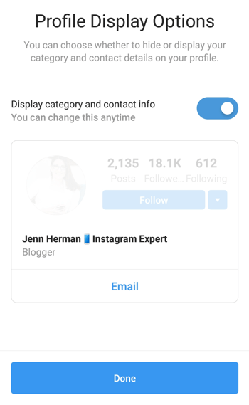 Επιλογή και εμφάνιση κατηγορίας προφίλ δημιουργού Instagram.