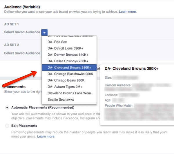 Επιλέξτε δύο αποθηκευμένα είδη κοινού για τη δοκιμή διαχωρισμού κοινού στο Facebook.