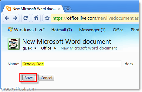 ονομάστε το έγγραφο της λέξης σας και αποθηκεύστε το στην εφαρμογή γραφείου live web