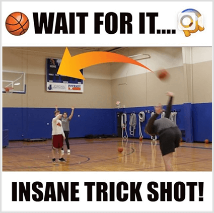 Μια εικόνα μικρογραφίας ανάρτησης βίντεο Instagram έχει λευκές ράβδους και μαύρο κείμενο πάνω και κάτω από μια εικόνα ενός λευκού που κάνει ένα τέχνασμα με ένα μπάσκετ σε ένα γυμναστήριο. Το πάνω κείμενο έχει emoji μπάσκετ και το κείμενο Wait For It. Το κάτω κείμενο λέει Insane Trick Shot!