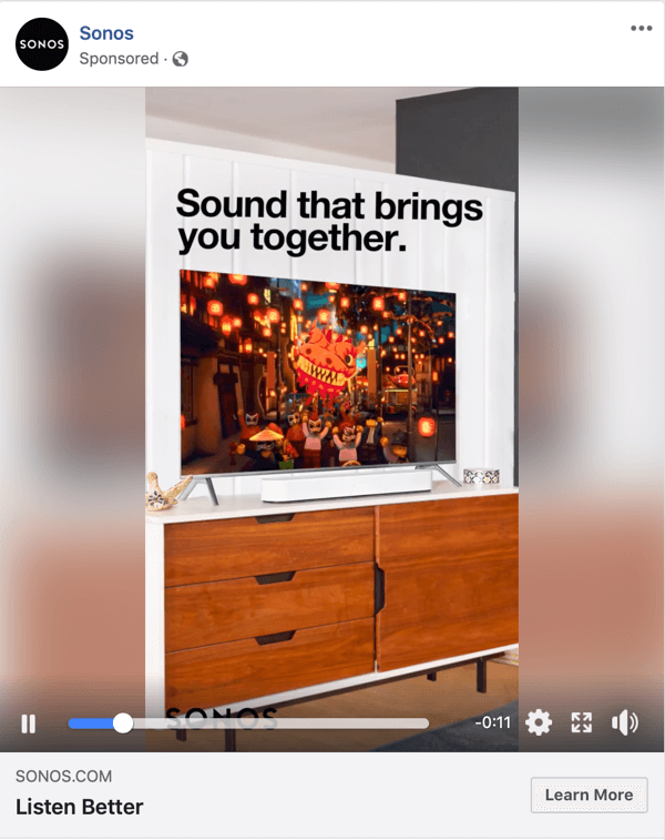 Παράδειγμα διαφήμισης βίντεο στο Facebook από τη Sonos.